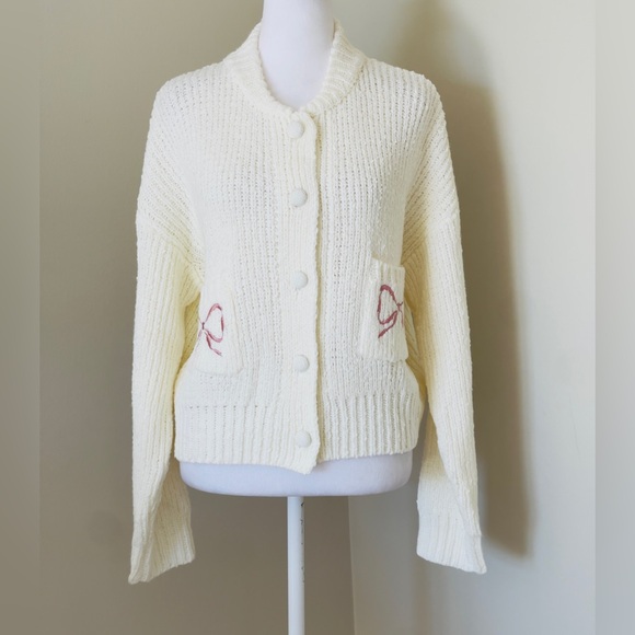 Lush Sweaters - Lush Ivory & Pink Cropped Long Sleeve Button Down Crewneck Knit Cardigan NWT